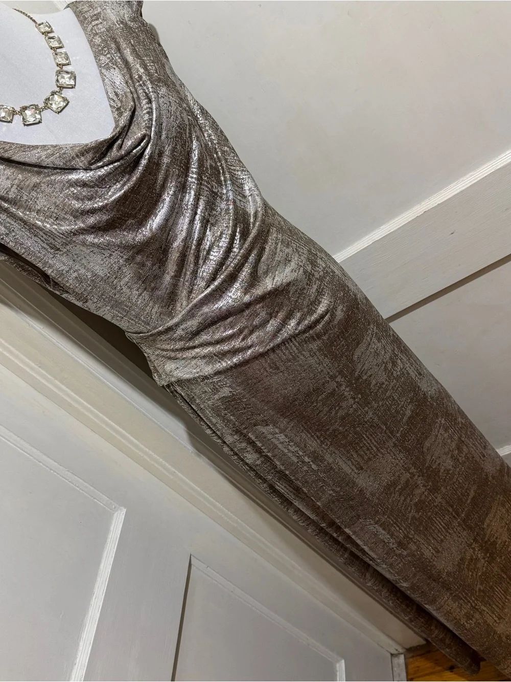 connected apparel Metallic Taupe Cowl Neck Maxi Dress